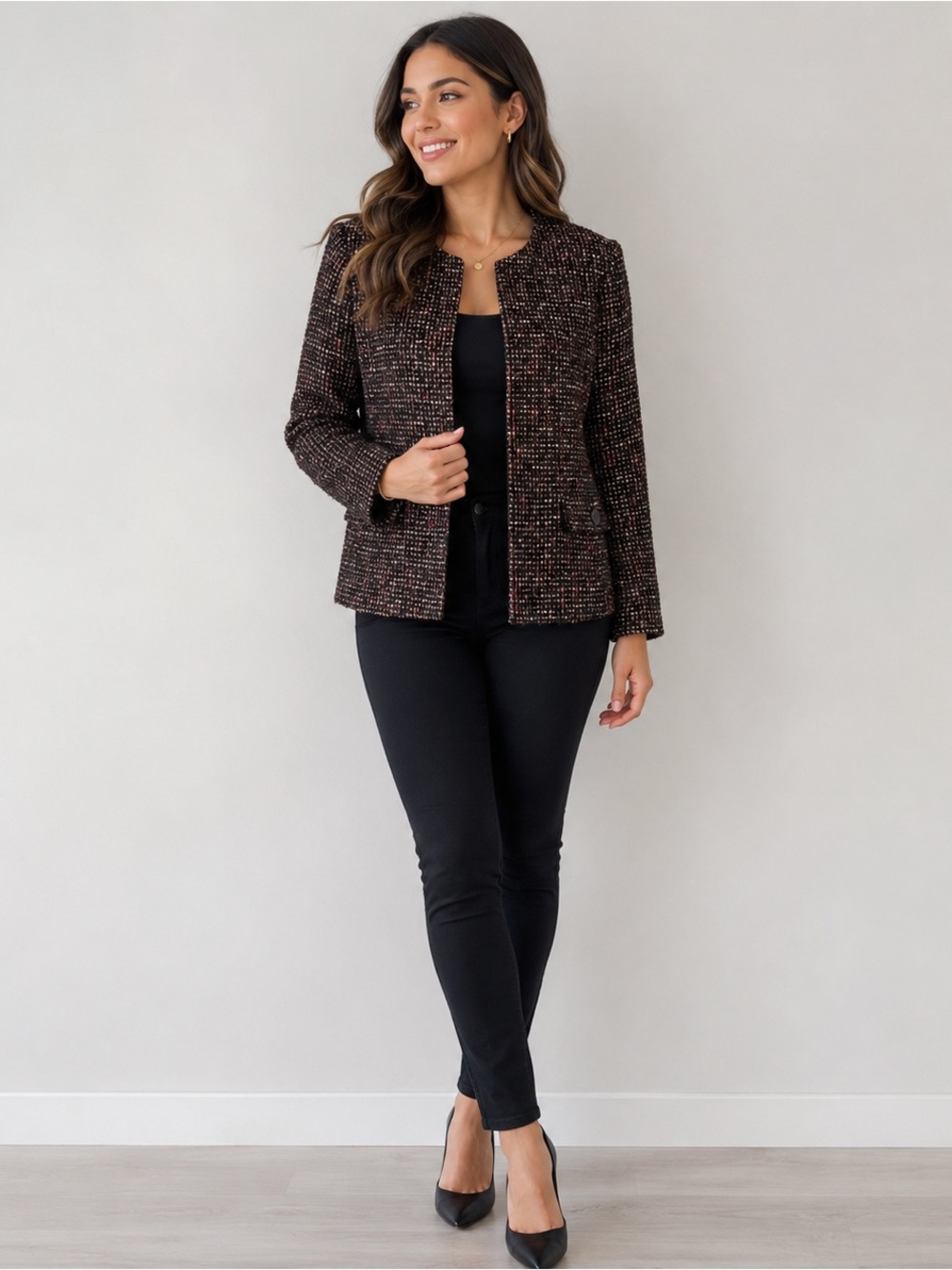 Kasper Women’s Tweed Jacket Blazer Black Burgundy Gold Metallic Wool BlendSize12